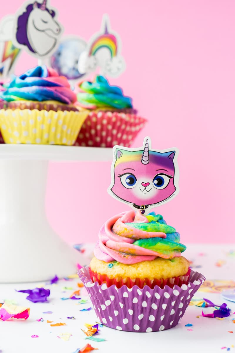 Cake stand with Rainbow butterfly unicorn kitty cupcakes