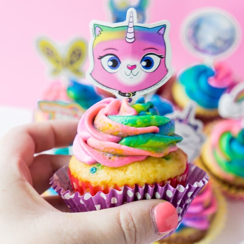 Hand holding Rainbow butterfly unicorn kitty cupcakes