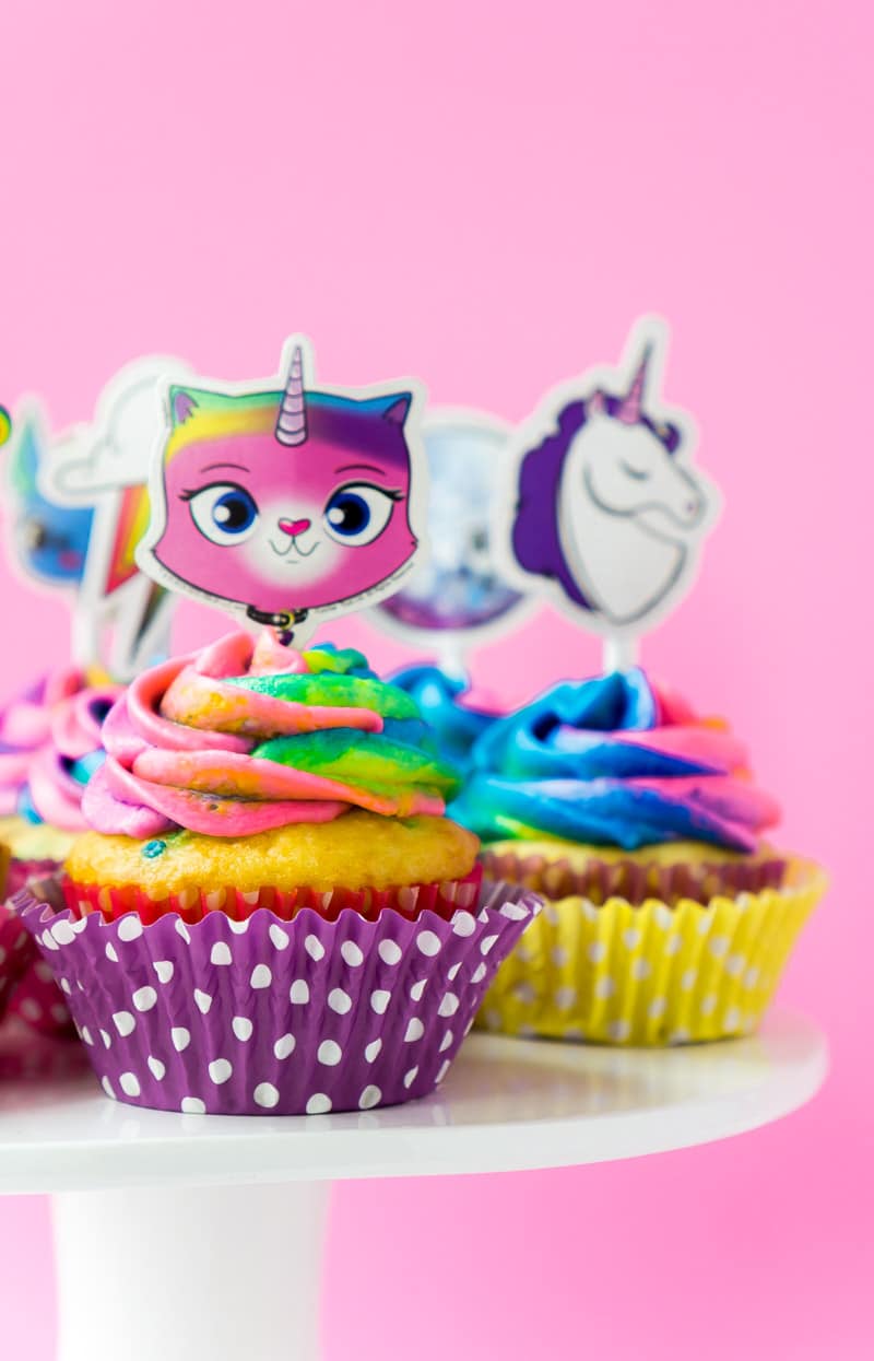 Rainbow butterfly unicorn kitty cupcakes and cake toppers