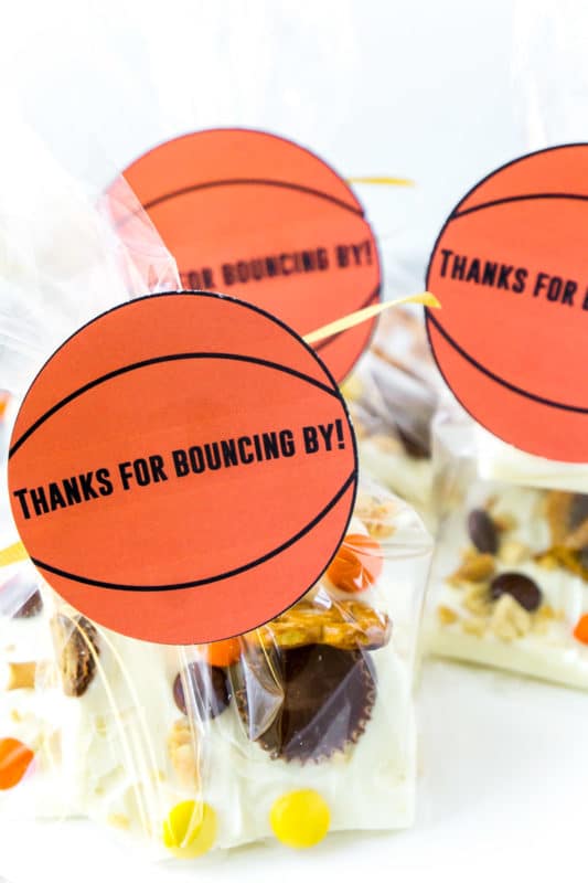 Basketball party favors on a cake stand