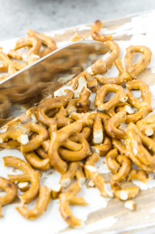 Chopping pretzels for basketball party favors