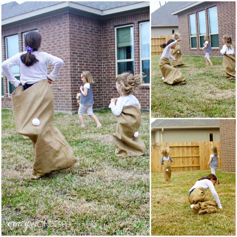 Kids doing a bunny sack race and other Easter activities