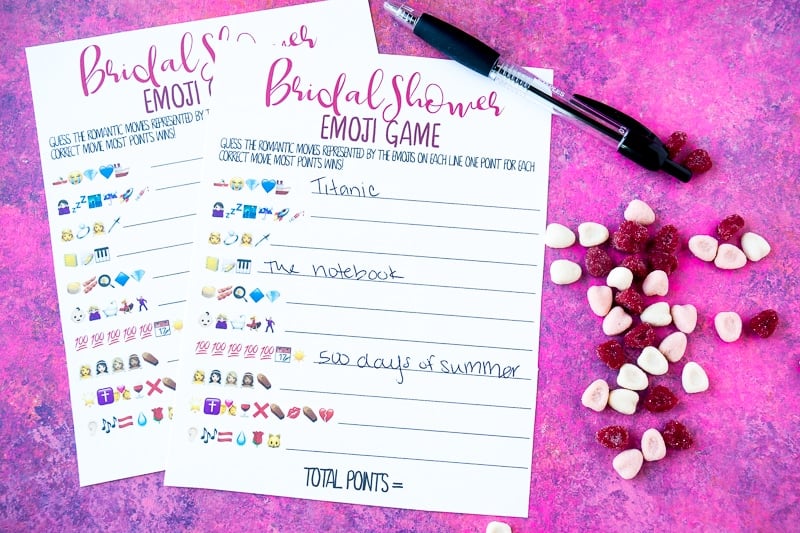 Two bridal shower guess the emoji party games side by side