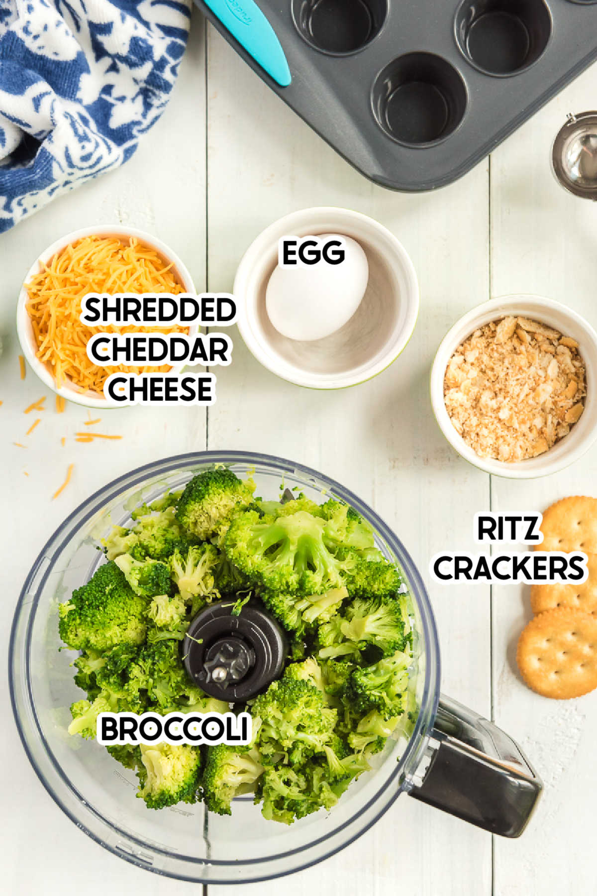 Ingredients to make broccoli bites with labels