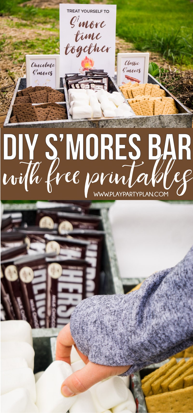 Great ideas for creating a DIY s’mores bar for a party, wedding, or just a night with friends! Tips on how to build your s’mores dessert bar and for setting it up either indoor or outdoor! And bonus - a free printable sign you can use for a menu!