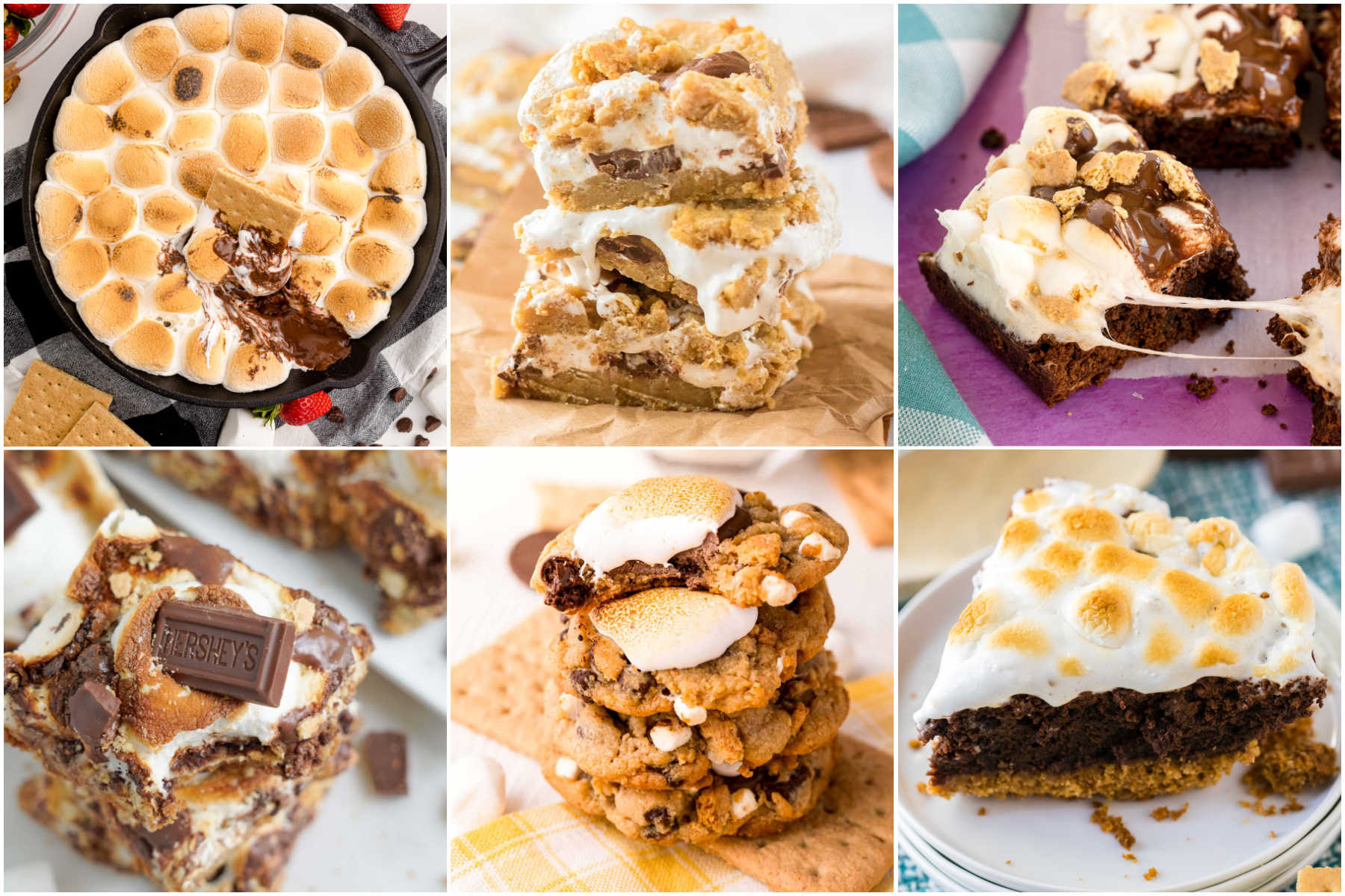 six images showing s'mores treats for a s'mores bars