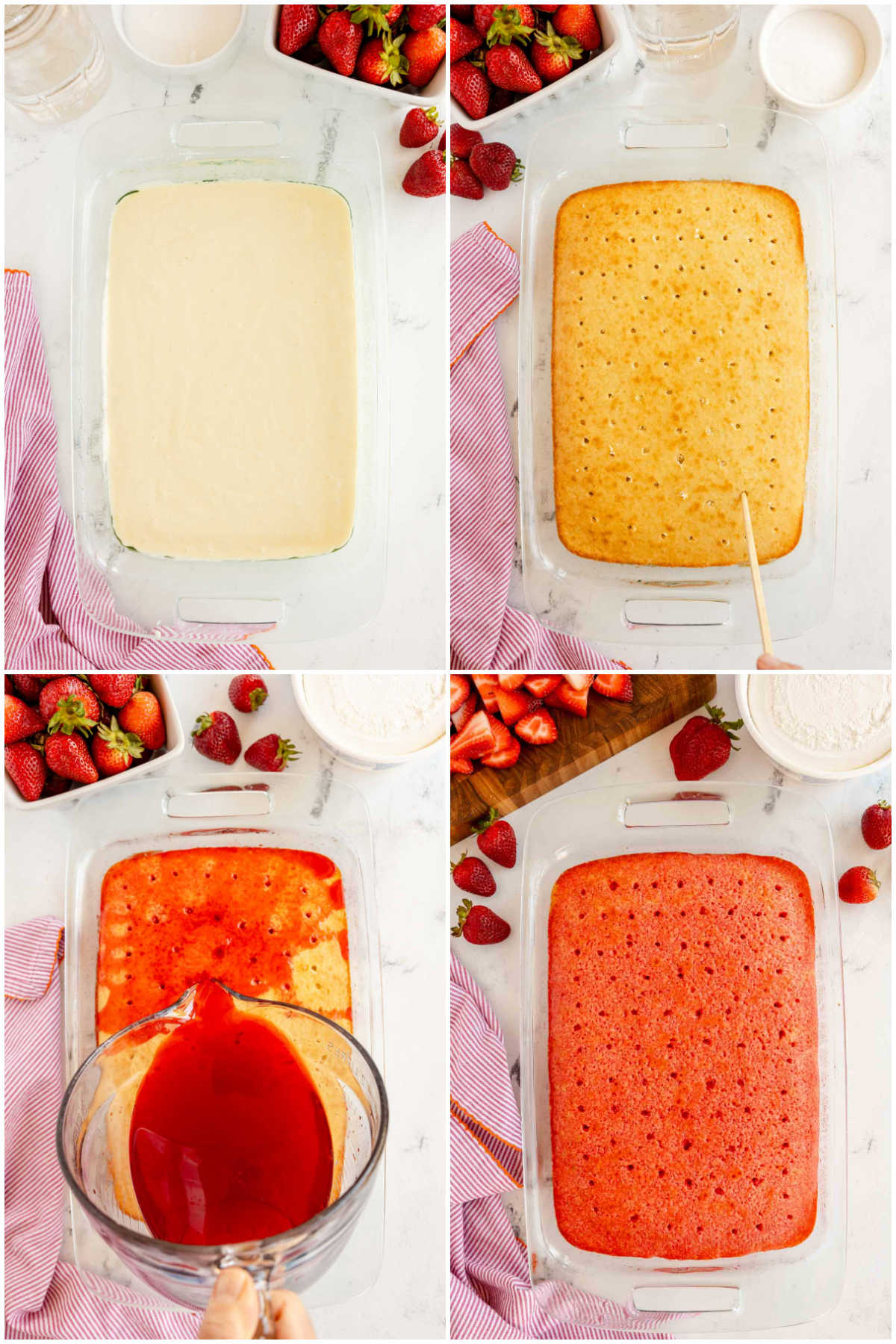 four image collage showing making a strawberry poke cake