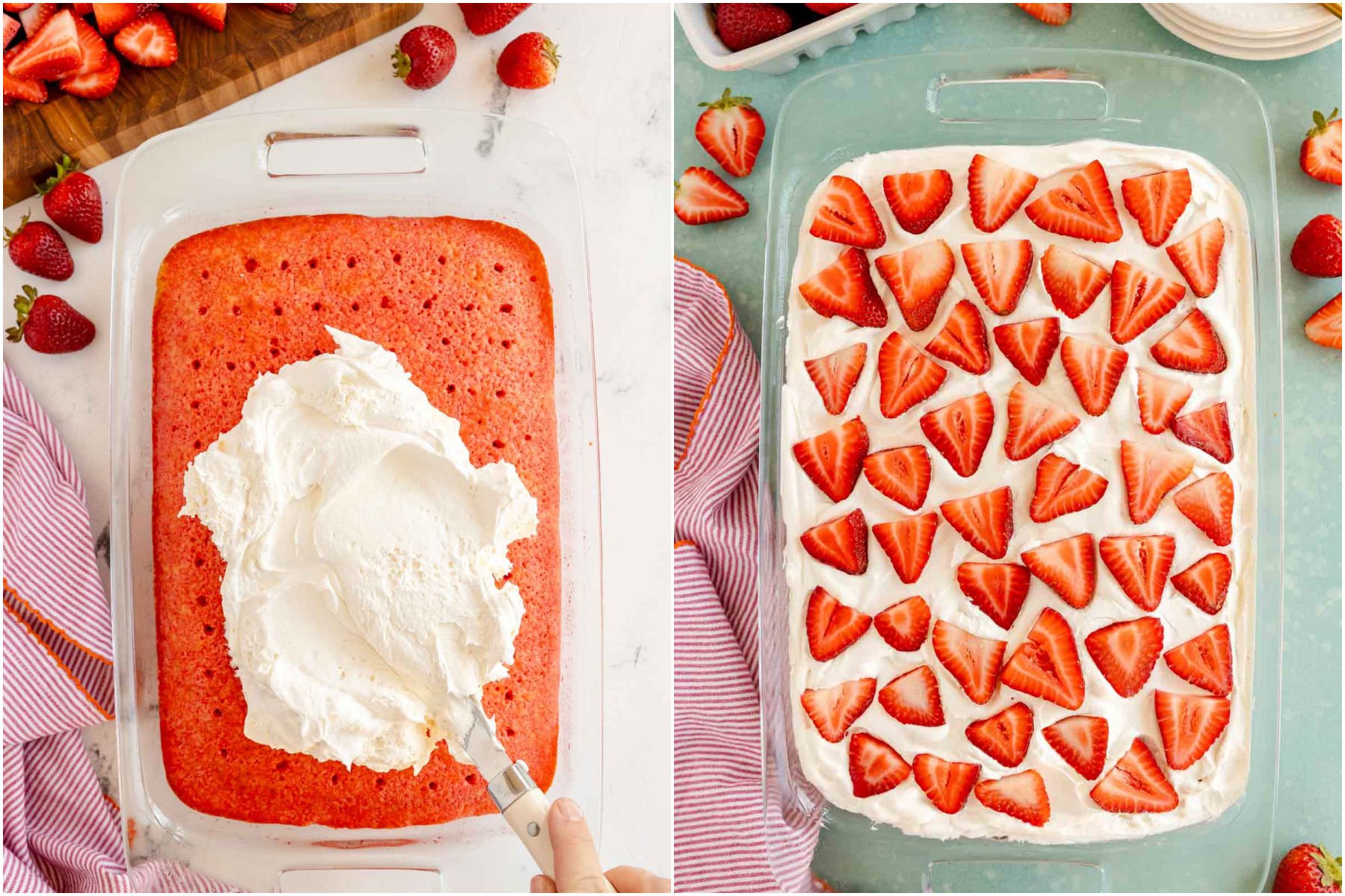 two images showing adding whipped cream and strawberries to a strawberry poke cake