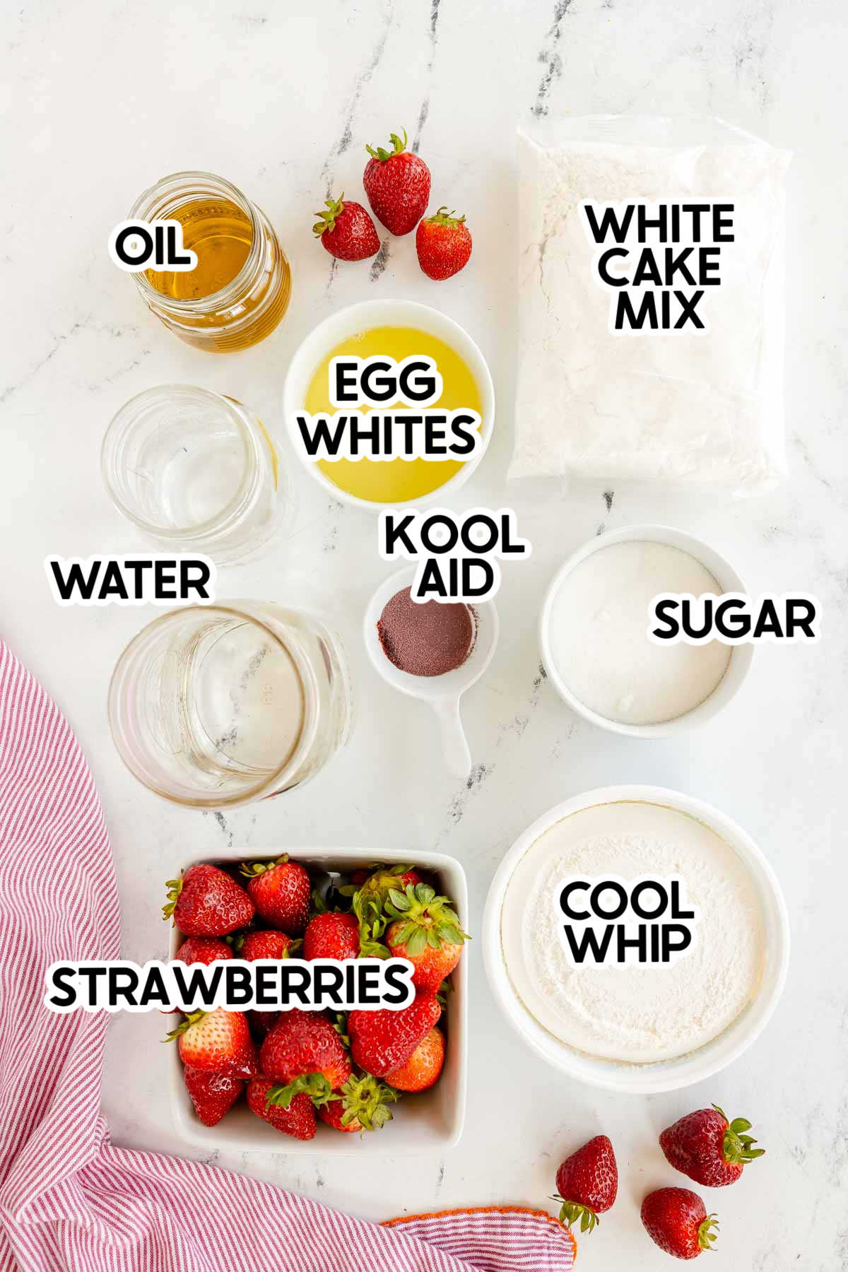 ingredients in a strawberry kool aid cake with labels