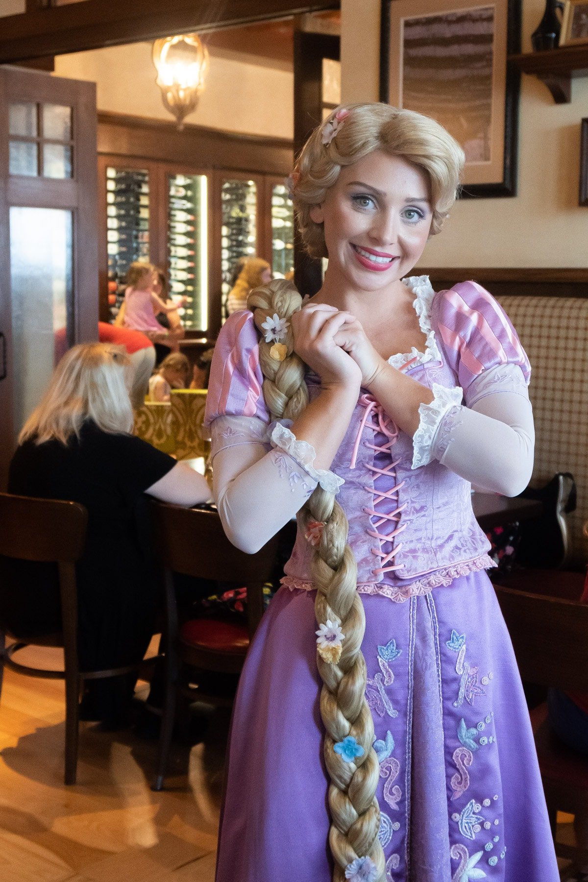 Rapunzel in purple dress at Trattoria al Forno