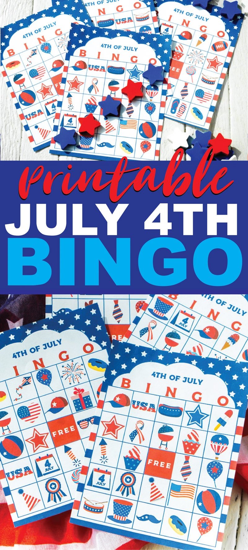 This 4th of July bingo game is perfect for kids, for adults, or for teens to play while waiting for the fireworks! Simple print out the free printable cards, hand out the markers, and start playing! One of the best activities for both indoor or outdoor parties! 