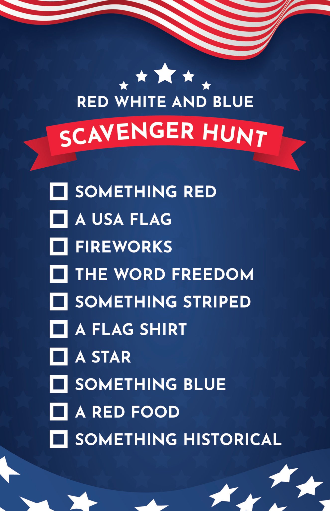 Blue 4th of July scavenger hunt with checkboxes