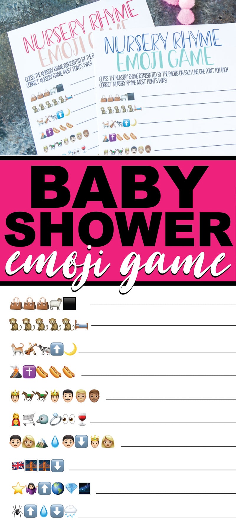 Free printable baby shower emoji games! Perfect for a baby shower party. Great for adults or even for teens at a baby shower!