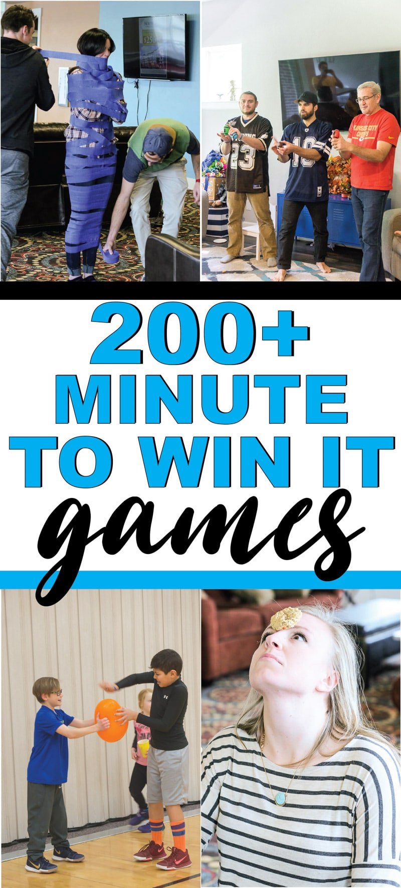 The best minute to win it games for kids, for teens, or even for adults! Over 200+ fun games that are perfect for a family reunion, for school, for school parties, and more! Easy games, fun team games, and more!