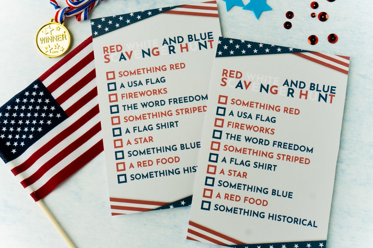 Two 4th of july scavenger hunt cards with a flag and medal