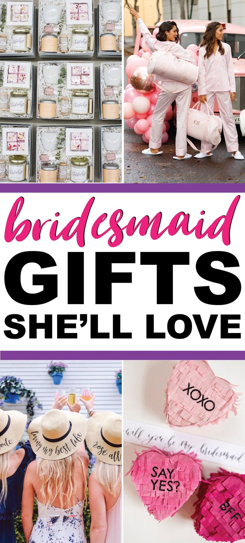 The best bridesmaid gifts from bride and gifts to ask will you be my bridesmaid. Everything from DIY gif ideas to unique ones that are both cheap and useful! Perfect for anyone looking for something personalized and inexpensive but still sentimental! 