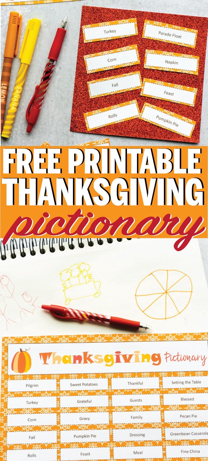 Free printable Thanksgiving pictionary words! Perfect Thanksgiving game for kids, adults, and everyone in between!