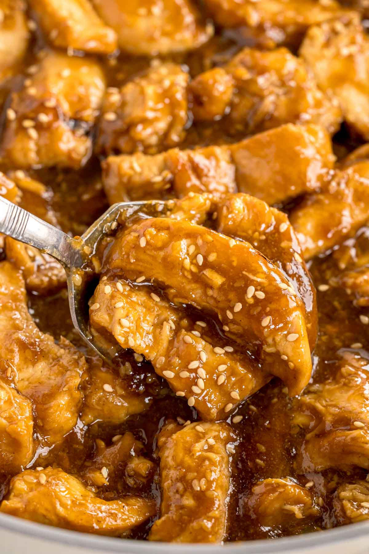 spoon in a bowl of teriyaki chicken