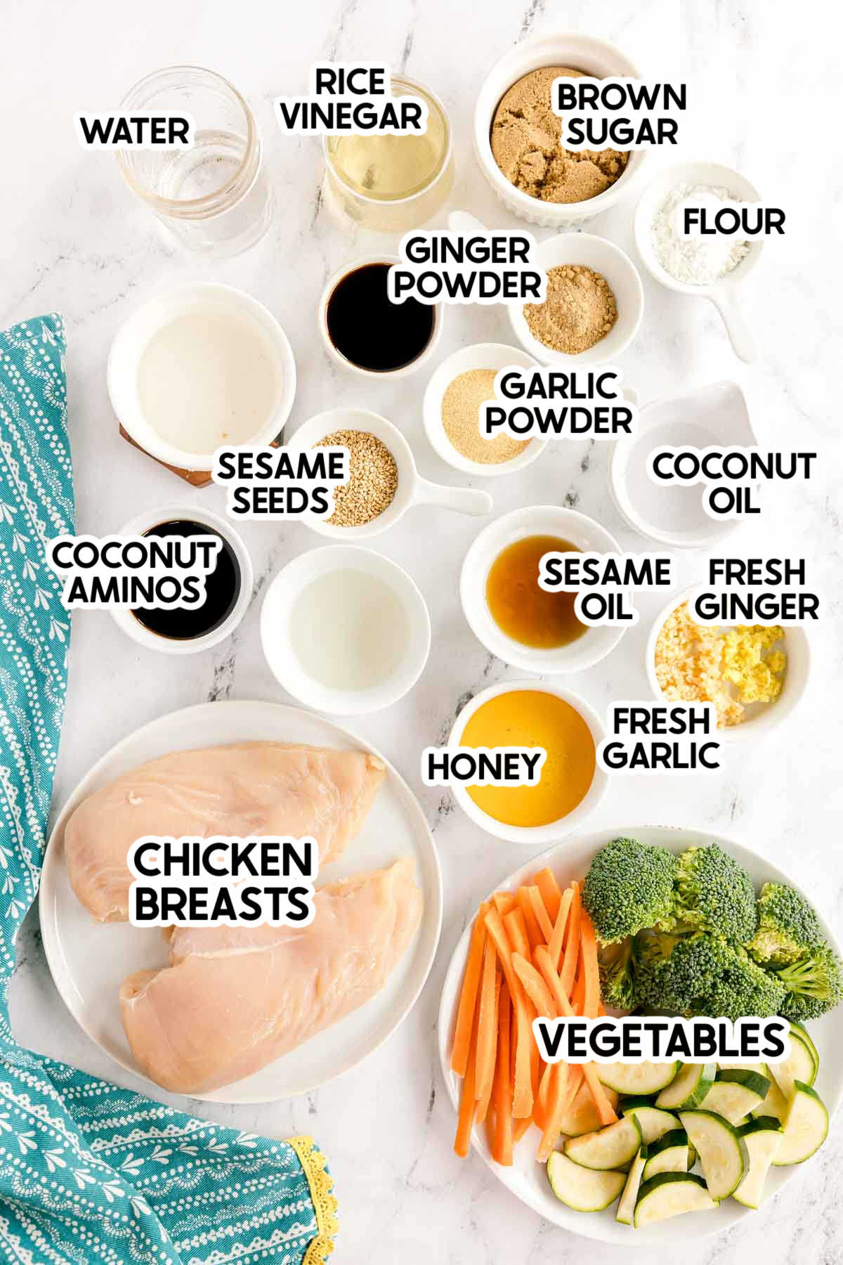 ingredients to make chicken teriyaki bowls with labels