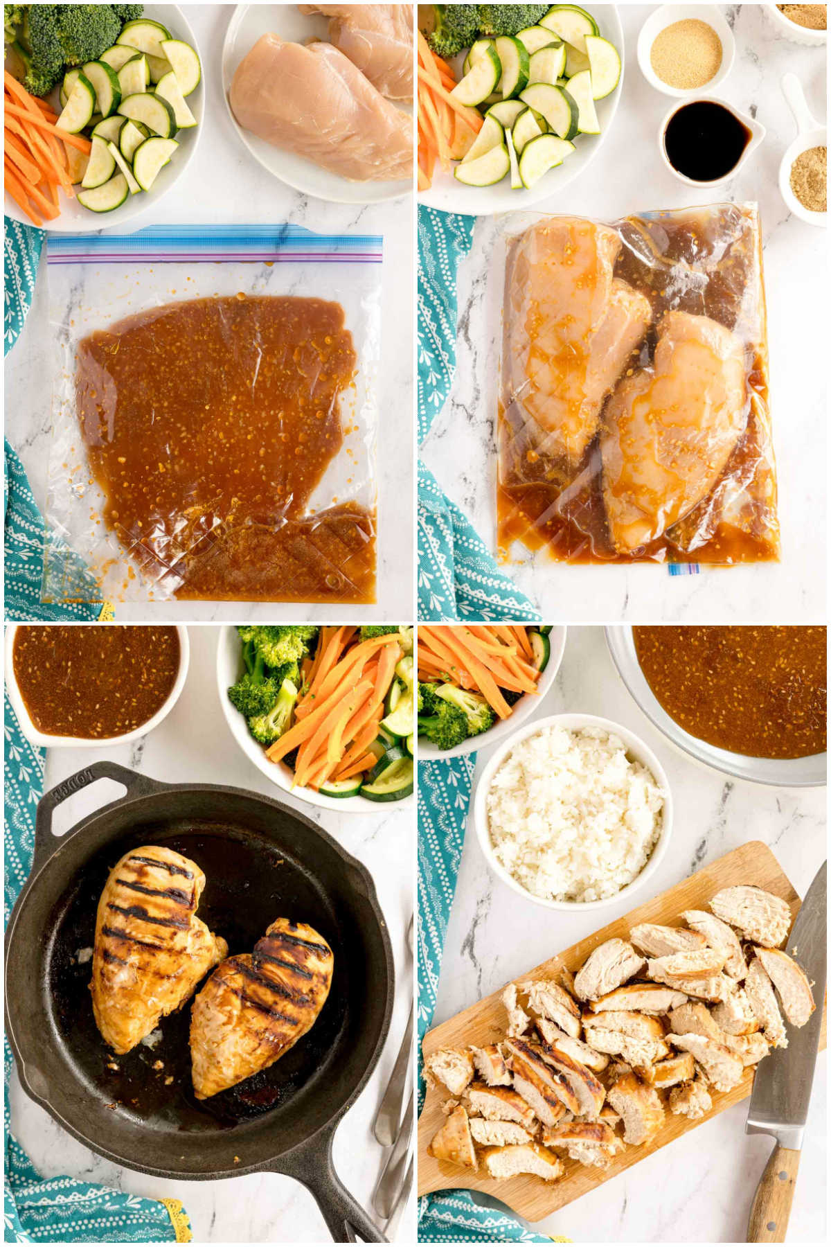 four images in a collage showing marinading and cooking teriyaki chicken