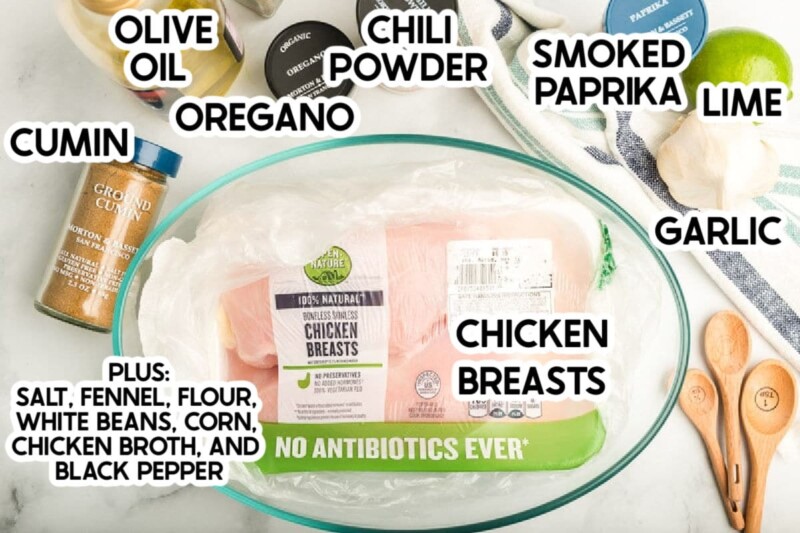 chicken breasts, spices, and other ingredients with labels