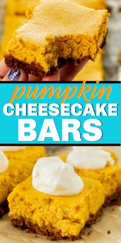 Easy pumpkin cheesecake bars with a graham cracker crust! Such a tasty Thanksgiving dessert idea! Simply the best!