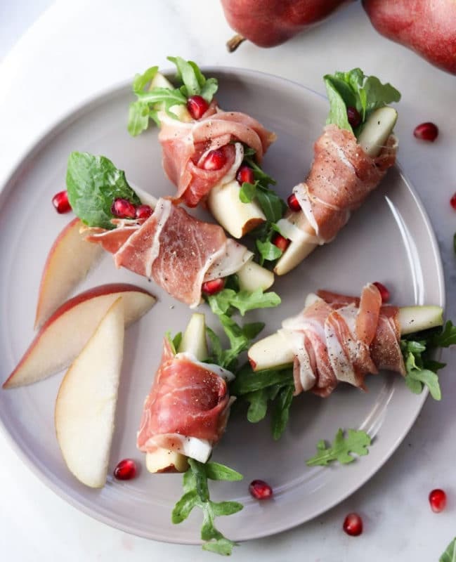 Pears wrapped in proscuitto make great Christmas appetizers