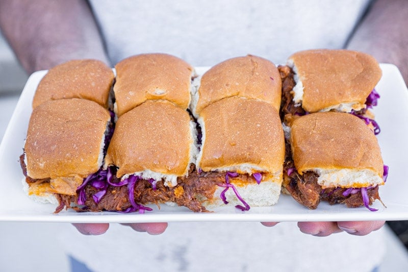 A tray of BBQ pulled pork sliders