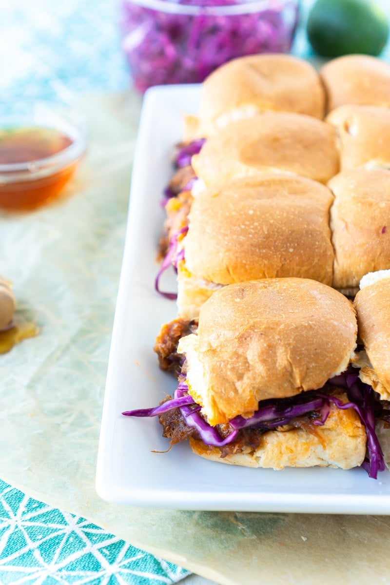 A tray of BBQ pulled pork sliders