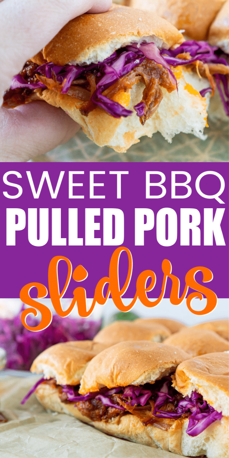Easy oven baked Hawaiian BBQ pulled pork sliders with slaw made from red cabbage! The perfect party dish for a crowd!