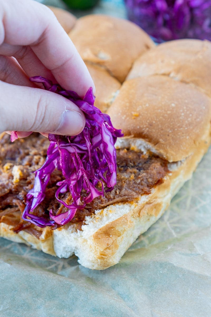 Adding red cabbage slaw to pulled pork sliders