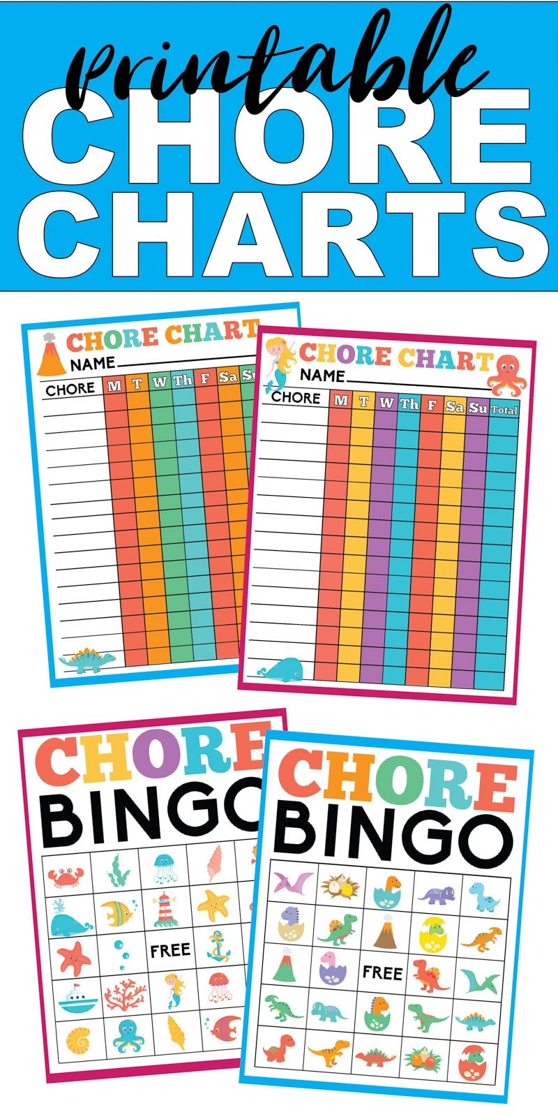 Free printable chore chart for kids! Two different designs that both girls and boys! Daily template that you can add your own family chores to. Great or one kid or multiple kids!