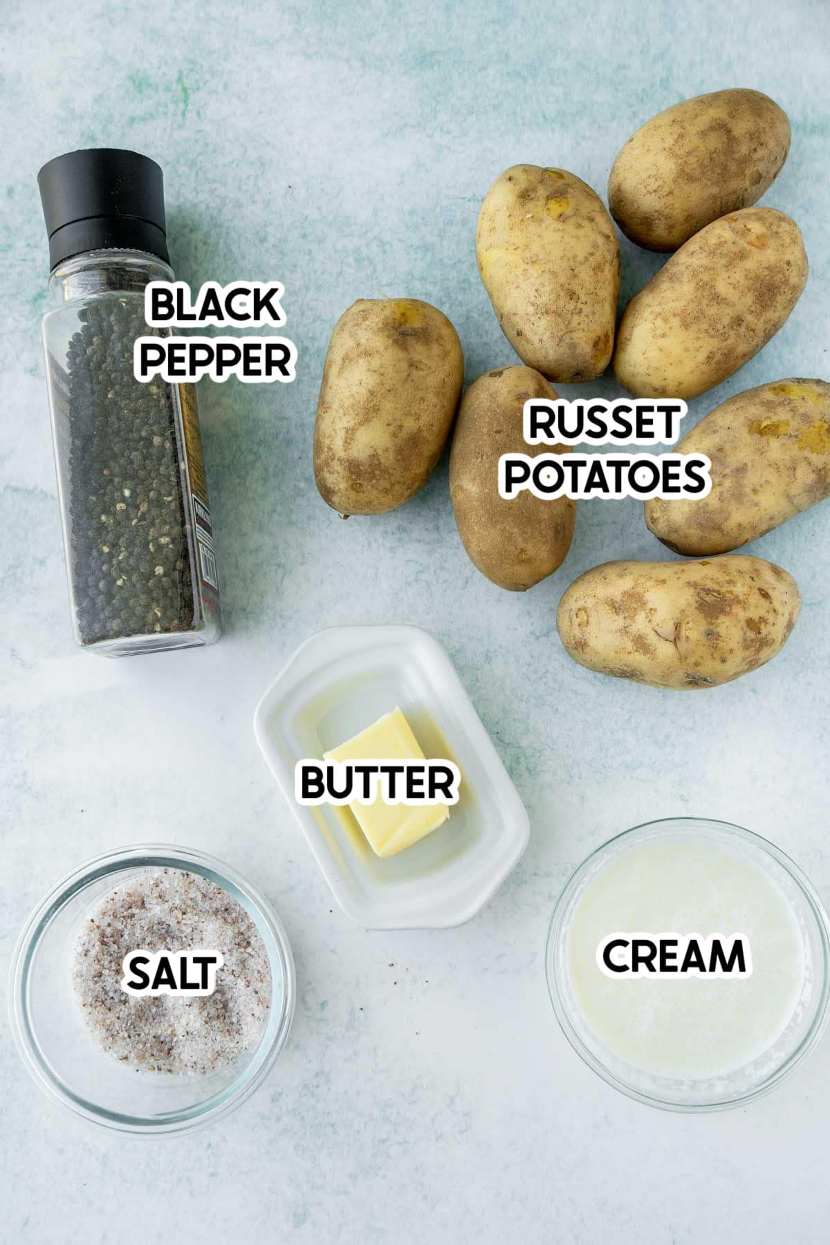 Ingredients needed for mashed potatoes without milk with labels on top