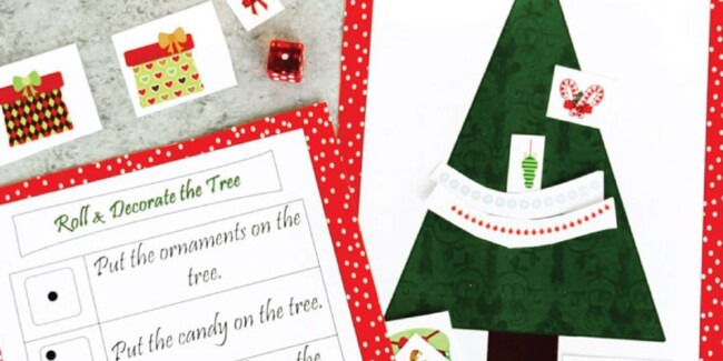 This roll a Christmas tree game is so fun for kids! Perfect for a classroom party for preschoolers, kindergarten, or even elementary school! One of the best Christmas games for kids!