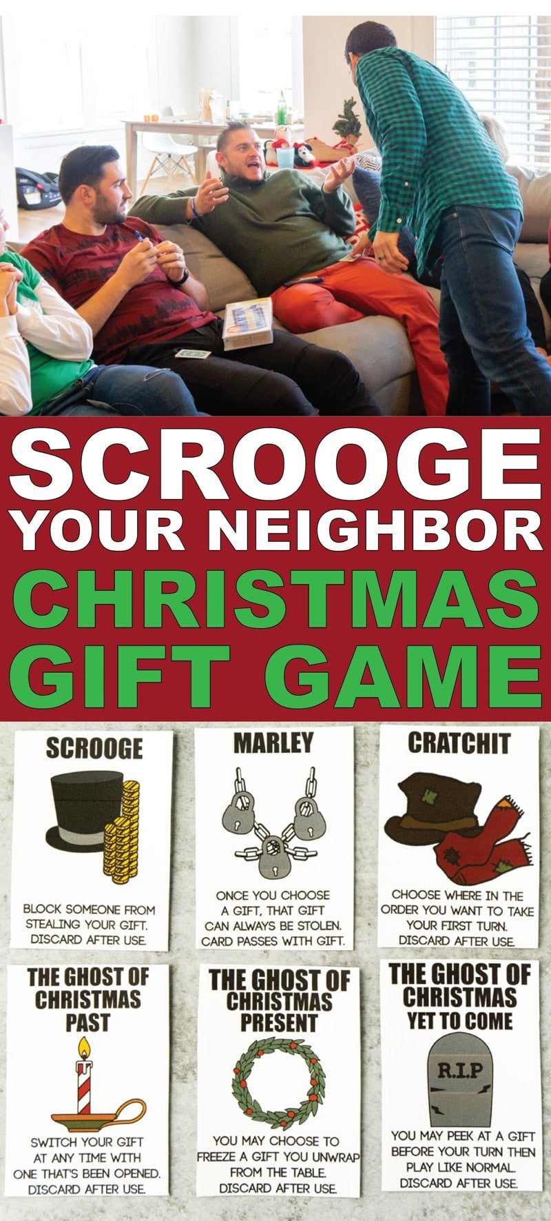 This Scrooge Your Neighbor gift exchange is one of the most fun Christmas games ever! Get the free printable cards and play with your office, a group of adults, or even for family night! It’s hilarious and so much fun! 