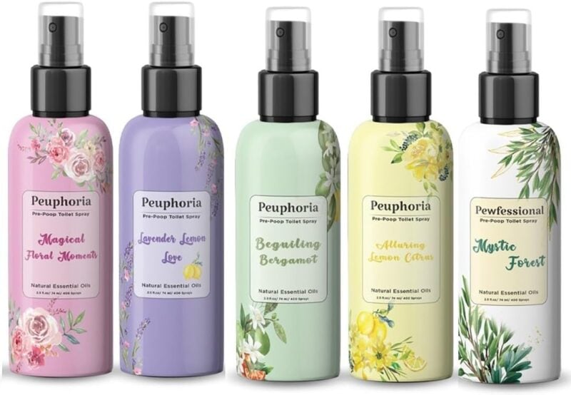 penki skirtingi tualetiniai purškalai