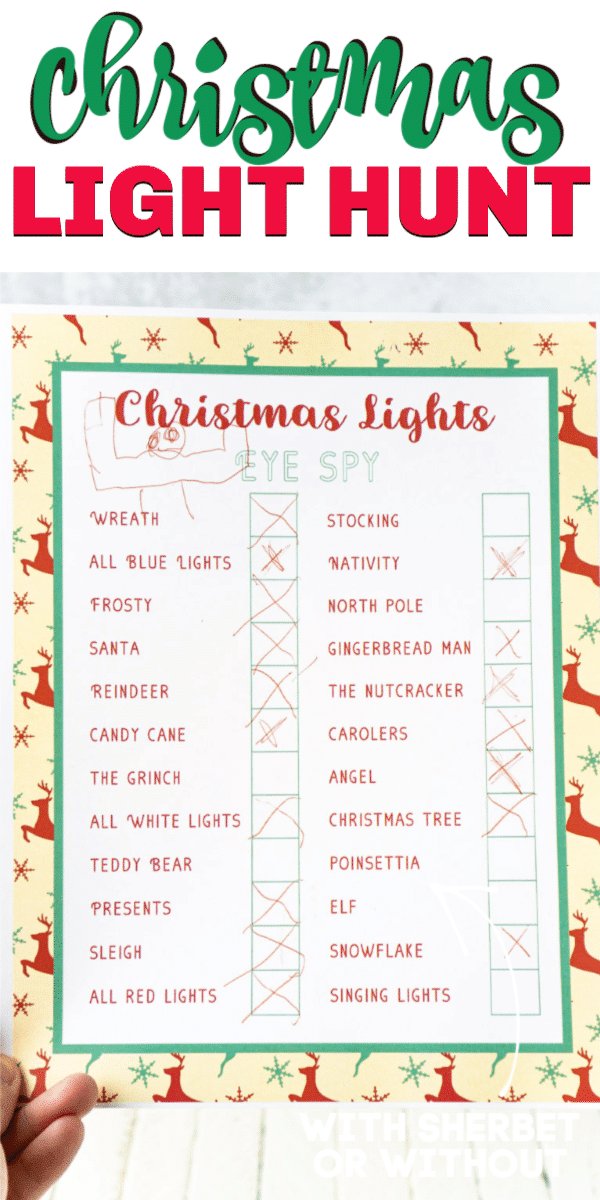 Printable Christmas light scavenger hunt complete with all sorts of fun light displays to look for!