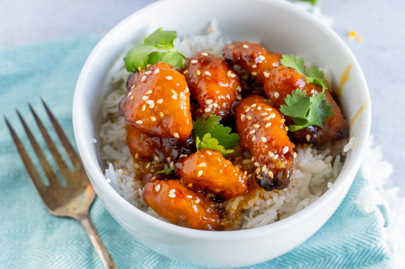 A bowl full of home made orange chicken