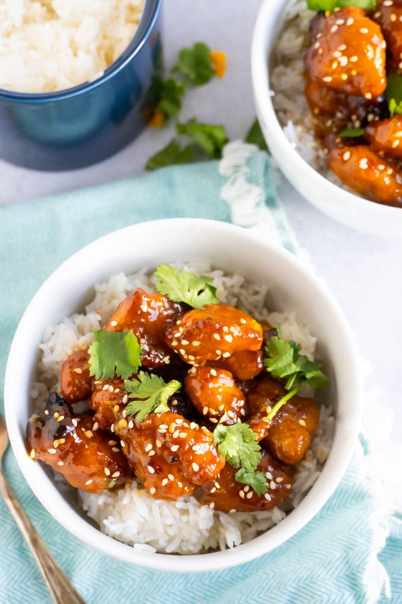 Chicken coated with a homemade orange chicken sauce