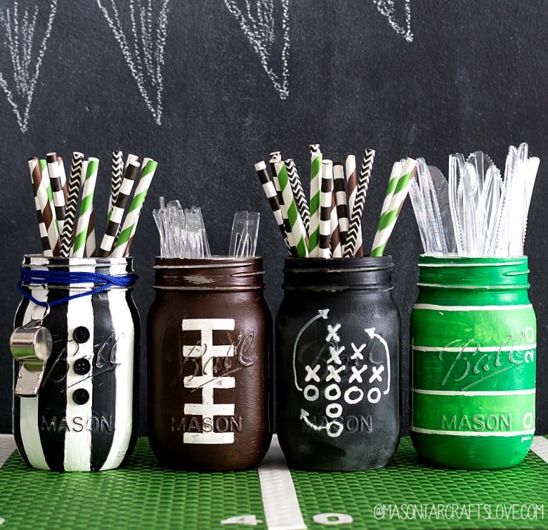 Football mason jars are great super bowl party ideas