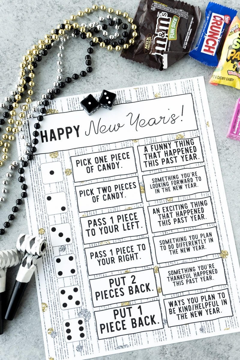 Printable New Year's Eve game with dice