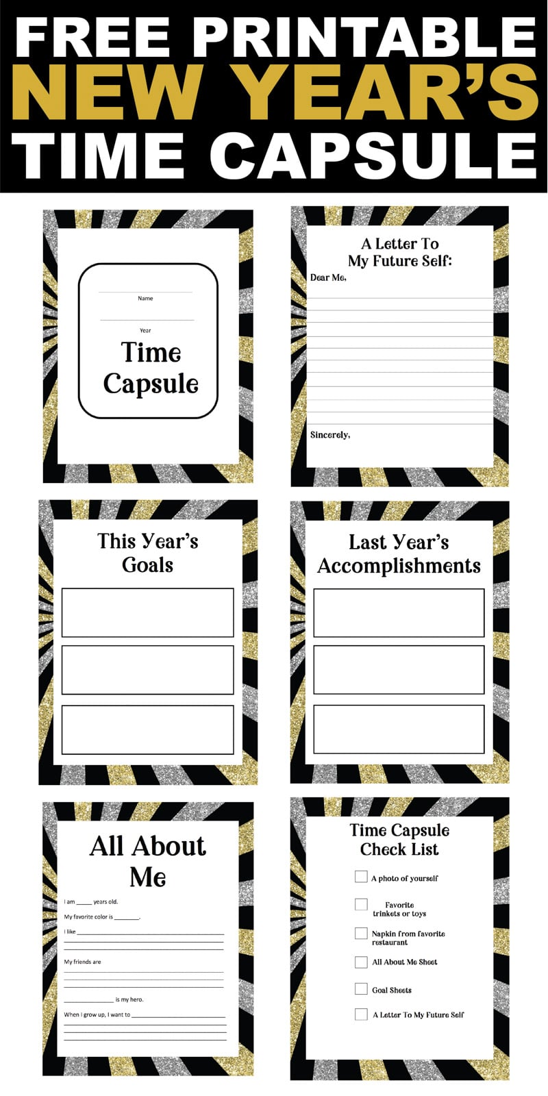 This New Year's Eve time capsule is such a fun activity for kids or adults! Comes with free printable pages, suggestions of what to put in a time capsule, and great DIY ideas!