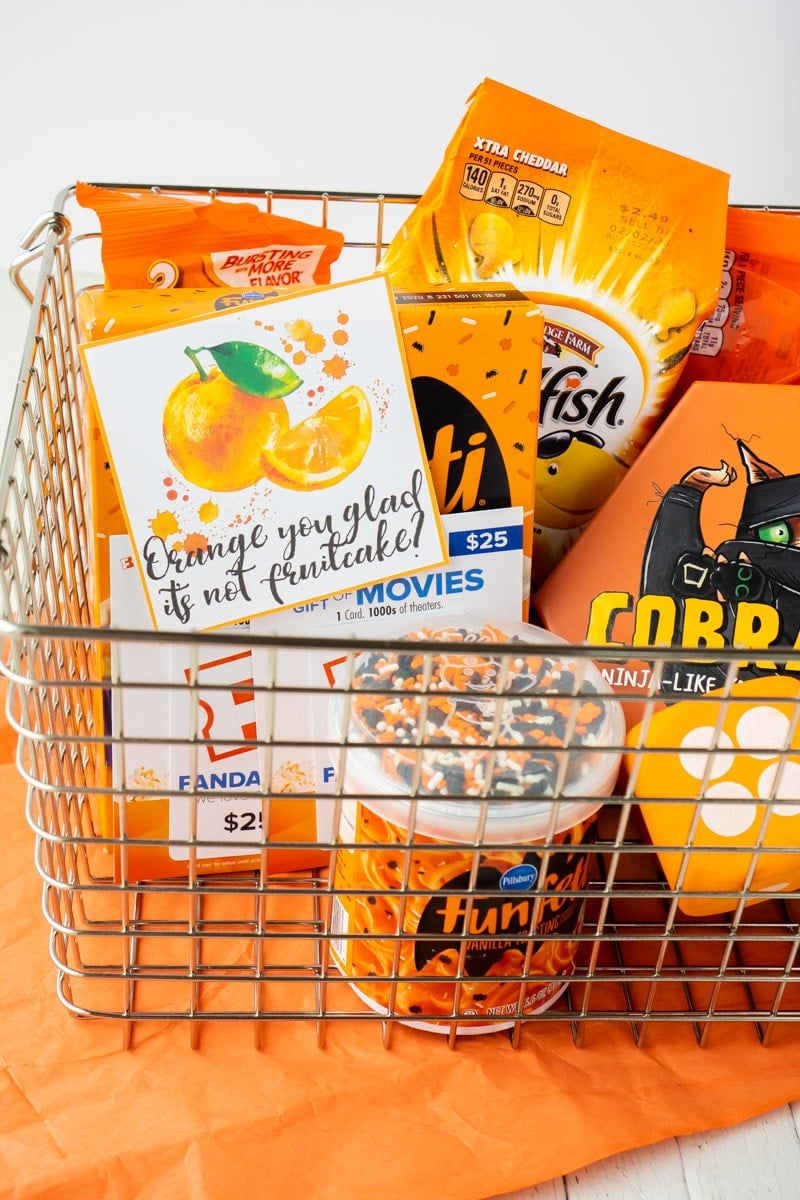 Printable Christmas gift tags with orange items in a basket