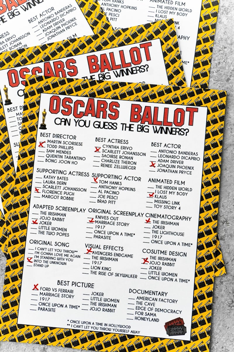 Printable 2020 Oscar ballot