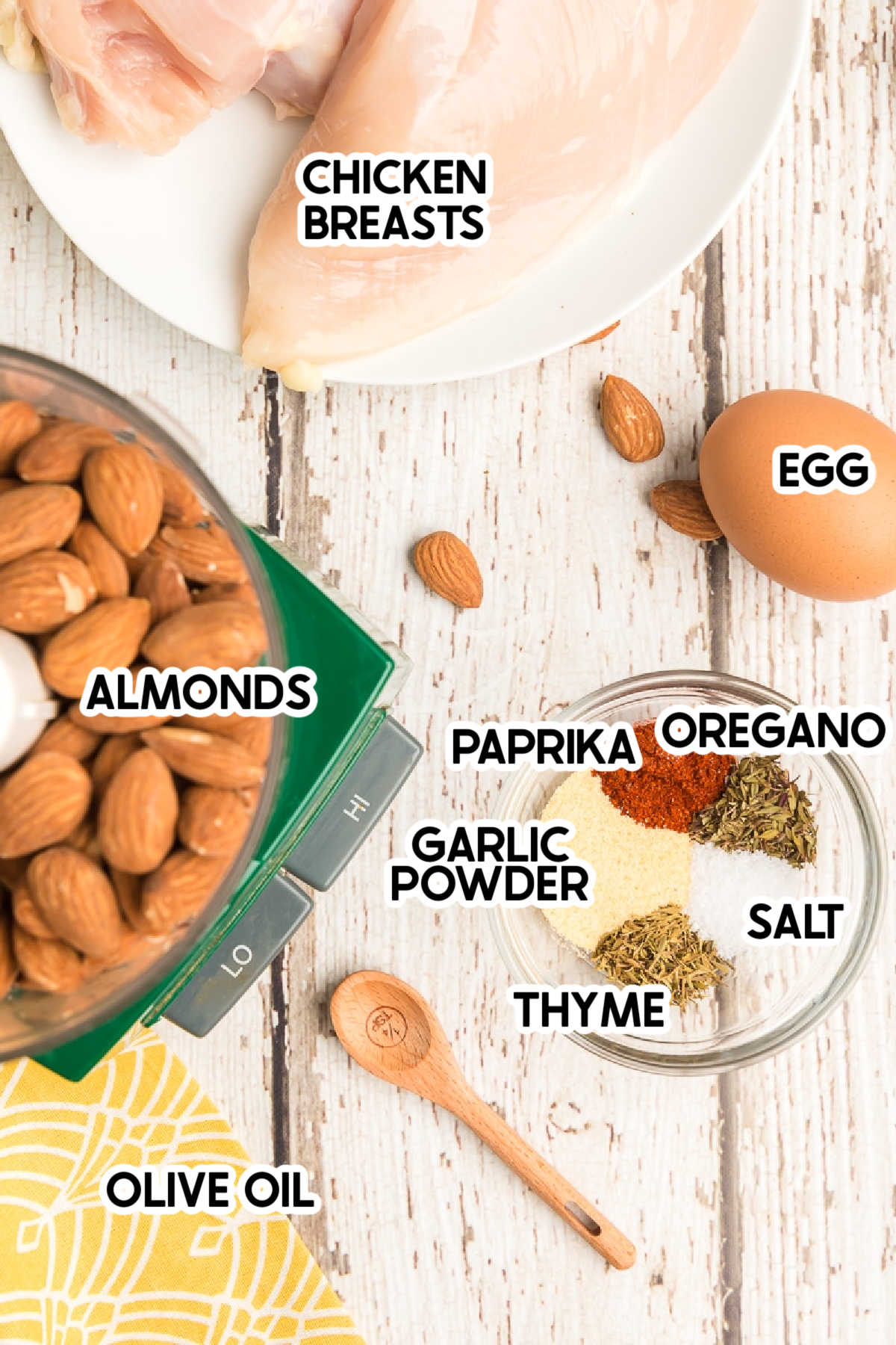 Ingredients needed for almond chicken with labels