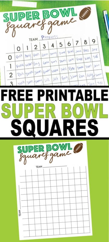 Free printable Super Bowl squares game board! Perfect for any some Super Bowl fun or really watching any football game!