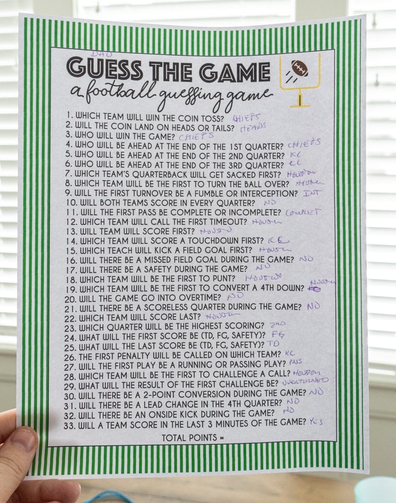 Super Bowl guessing game key