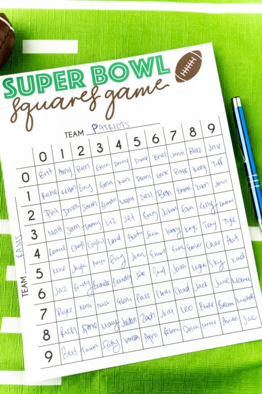 Printable Super Bowl squares template with names