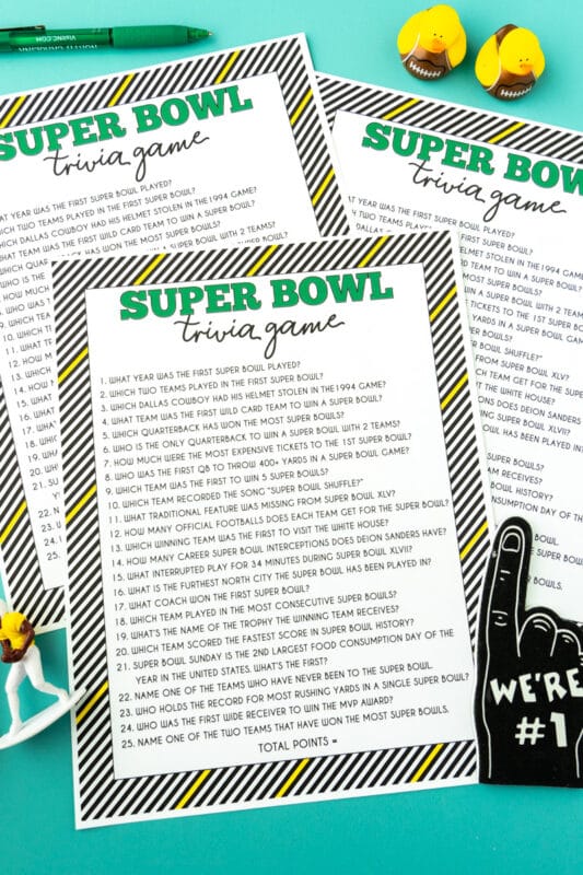 Printed sheets of Super Bowl trivia