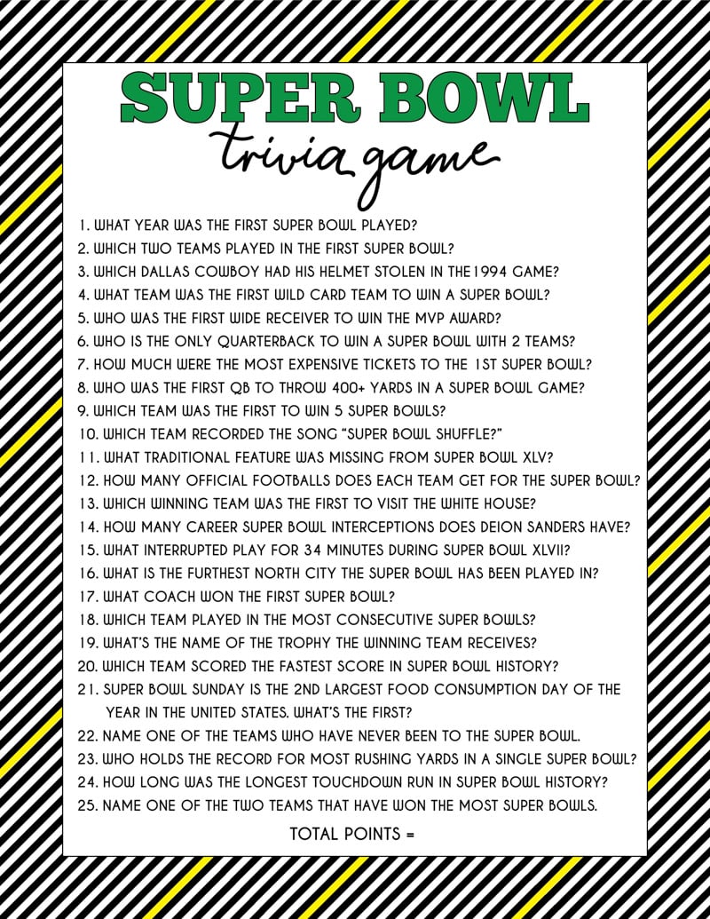 Super Bowl Trivia Game & Free Printable Question Cards ...